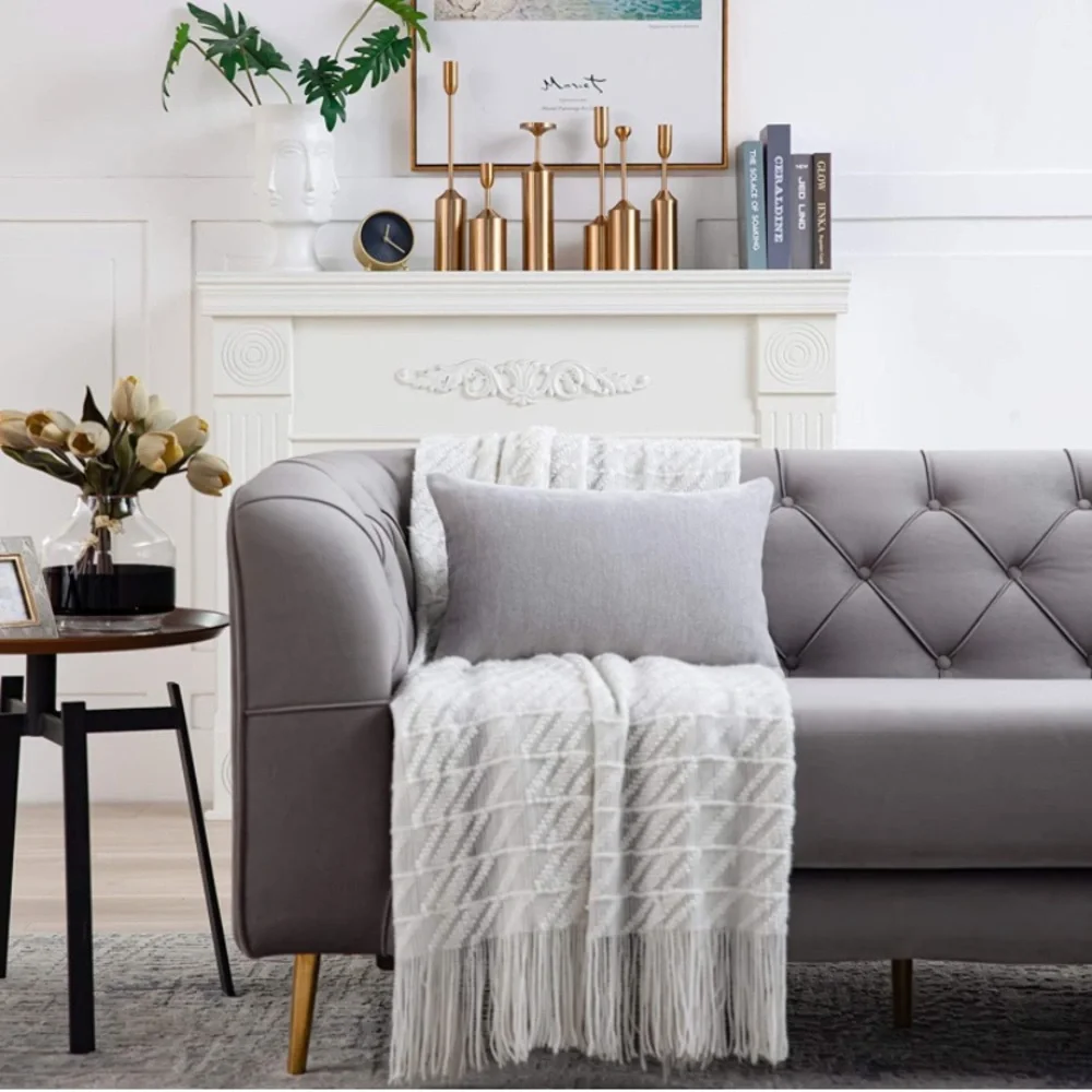 Luxury Home | Chic Light Grey Soft Chenille Textured Lumbar Throw Pillow Covers